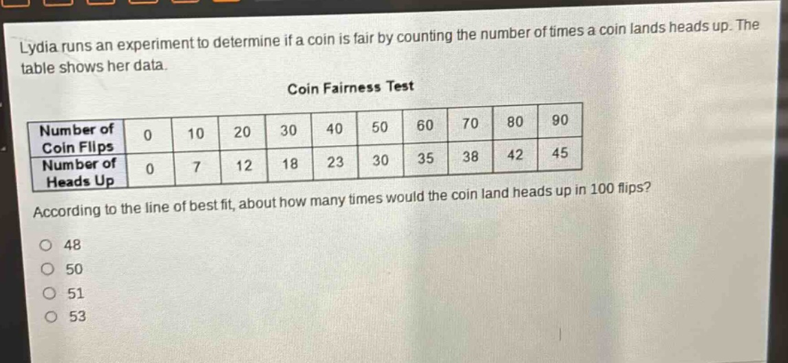 lydia runs an experiment to determine if a coin is fair by counting the number of times a coin lands heads up. the table shows her data. coin fairness test\n|number of coin flips|0|10|20|30|40|50|60|70|80|90|\n|----|----|----|----|----|----|----|----|----|----|----|\n|number of heads up|0|7|12|18|23|30|35|38|42|45|\naccording to the line of best fit, about how many times would the coin land heads up in 100 flips?\n48\n50\n51\n53