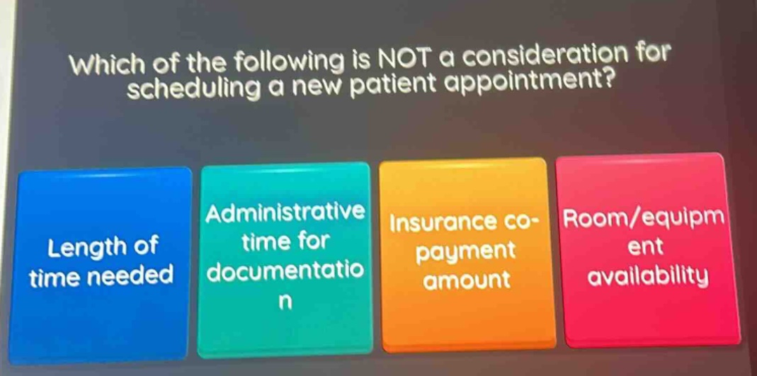 which of the following is not a consideration for scheduling a new patient appointment? length of time needed administrative time for documentation insurance co - payment amount room/equipment availability