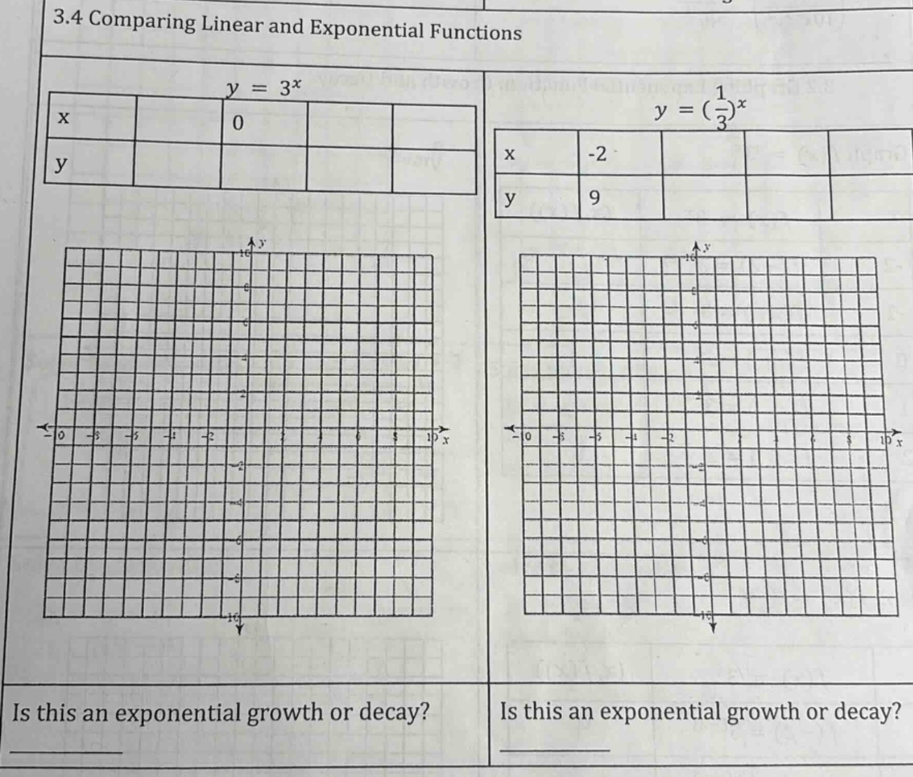 3.4 comparing linear and exponential functions\n$y = 3^x$\n$y = (\\frac{1}{3})^x$\nis this an exponential growth or decay?\nis this an exponential growth or decay?