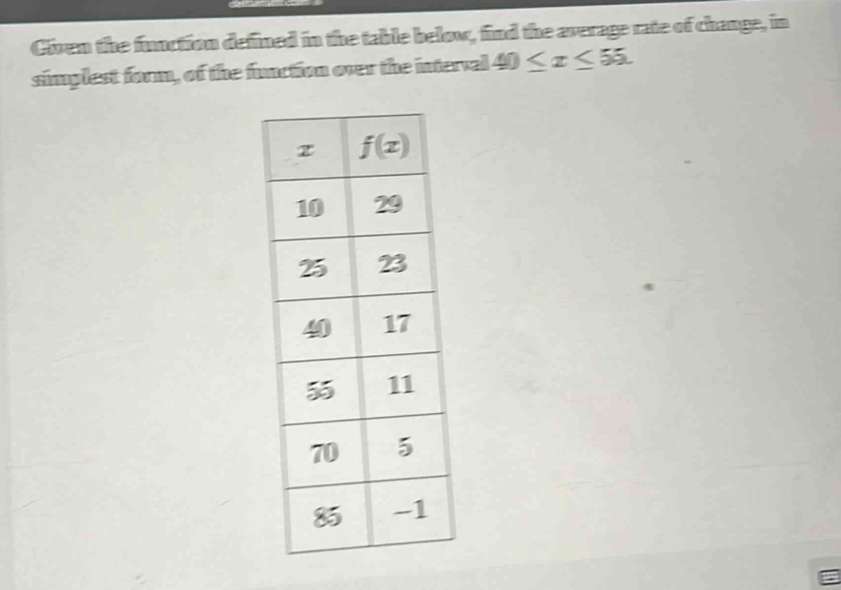 given the function defined in the table below, find the average rate of change, in simplest form, of the function over the interval 40 ≤ x ≤ 55.\n| x | f(x) |\n|----|----|\n| 10 | 29 |\n| 25 | 23 |\n| 40 | 17 |\n| 55 | 11 |\n| 70 | 5 |\n| 85 | -1 |