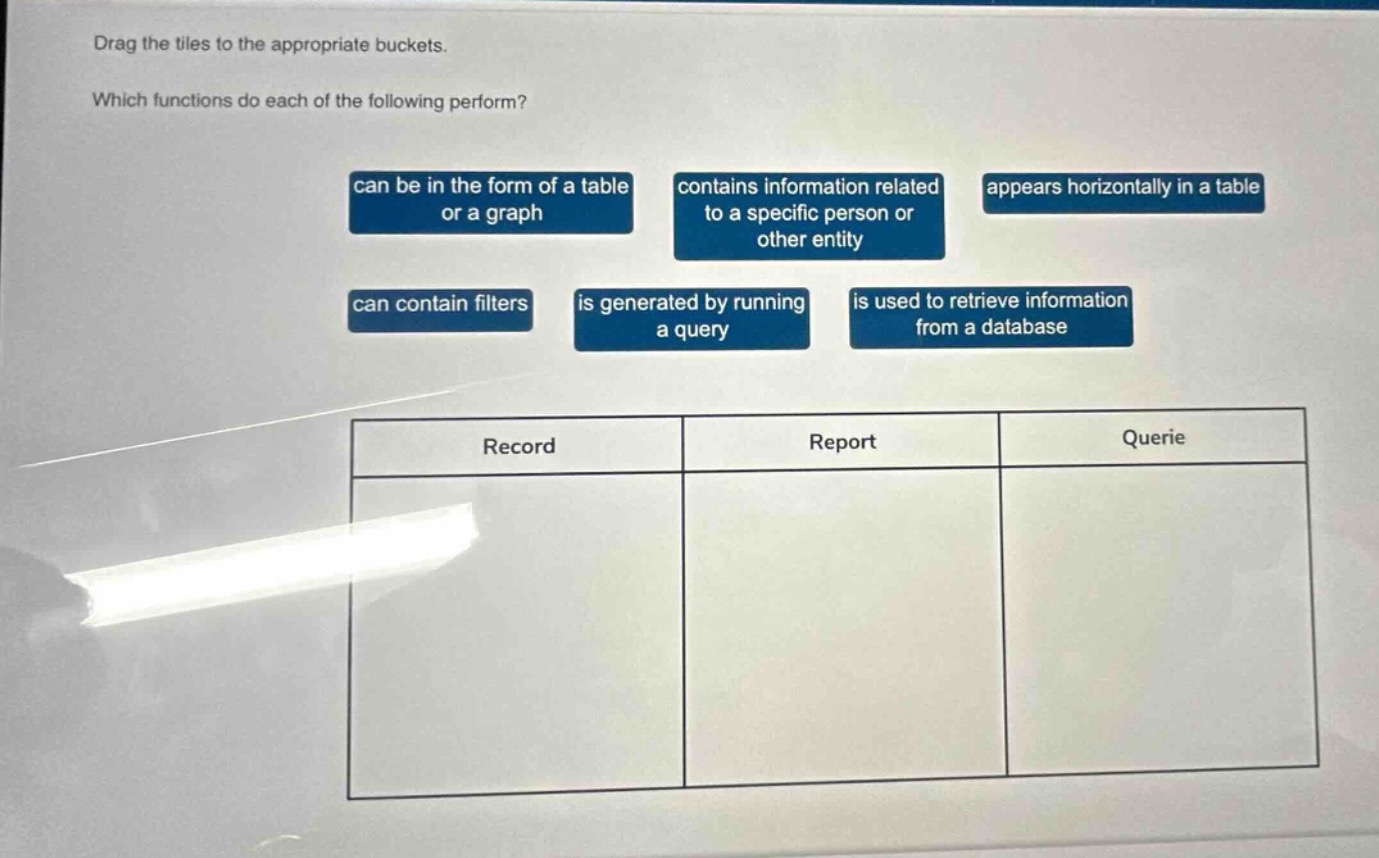 drag the tiles to the appropriate buckets. which functions do each of the following perform? can be in the form of a table or a graph contains information related to a specific person or other entity appears horizontally in a table can contain filters is generated by running a query is used to retrieve information from a database record report querie