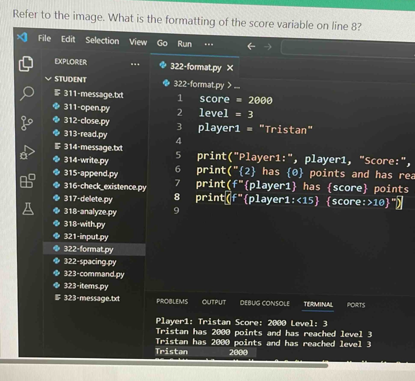 refer to the image. what is the formatting of the score variable on line 8?