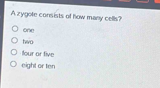 a zygote consists of how many cells?\no one\no two\no four or five\no eight or ten