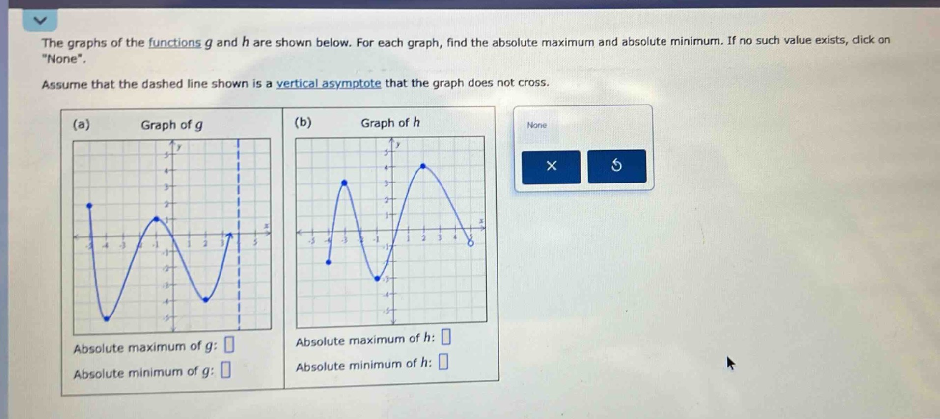 the graphs of the functions g and h are shown below. for each graph, find the absolute maximum and absolute minimum. if no such value exists, click on “none”. assume that the dashed line shown is a vertical asymptote that the graph does not cross. (a) graph of g (b) graph of h absolute maximum of g: absolute minimum of g: absolute maximum of h: absolute minimum of h: