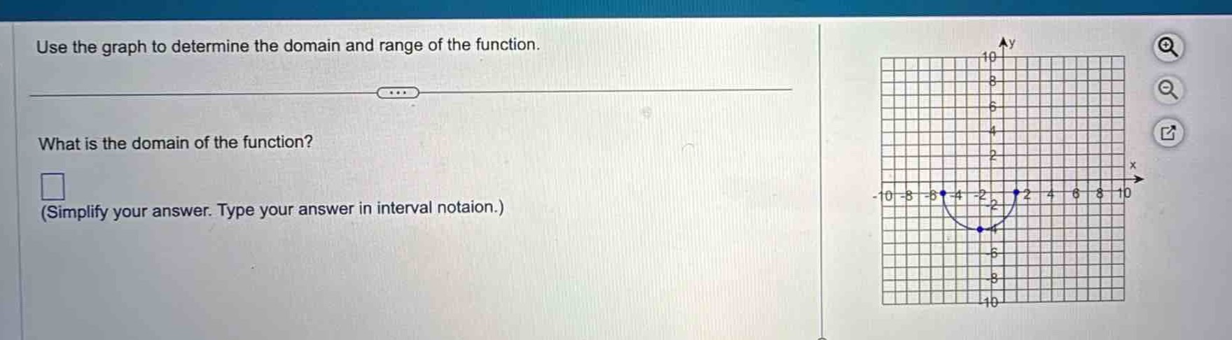 use the graph to determine the domain and range of the function. what is the domain of the function? (simplify your answer. type your answer in interval notaion.)