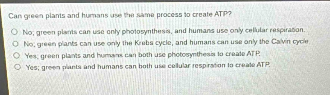 can green plants and humans use the same process to create atp?\nno; green plants can use only photosynthesis, and humans use only cellular respiration.\nno; green plants can use only the krebs cycle, and humans can use only the calvin cycle.\nyes; green plants and humans can both use photosynthesis to create atp.\nyes; green plants and humans can both use cellular respiration to create atp.