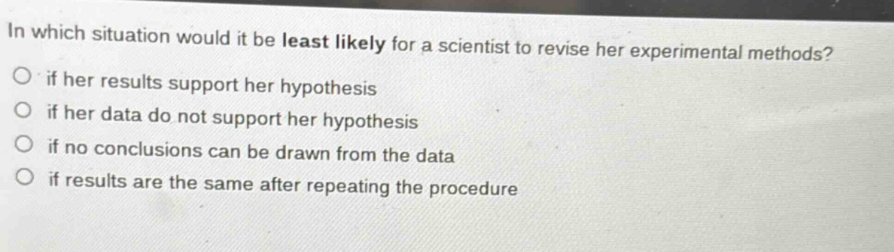 in which situation would it be least likely for a scientist to revise her experimental methods?\no if her results support her hypothesis\no if her data do not support her hypothesis\no if no conclusions can be drawn from the data\no if results are the same after repeating the procedure