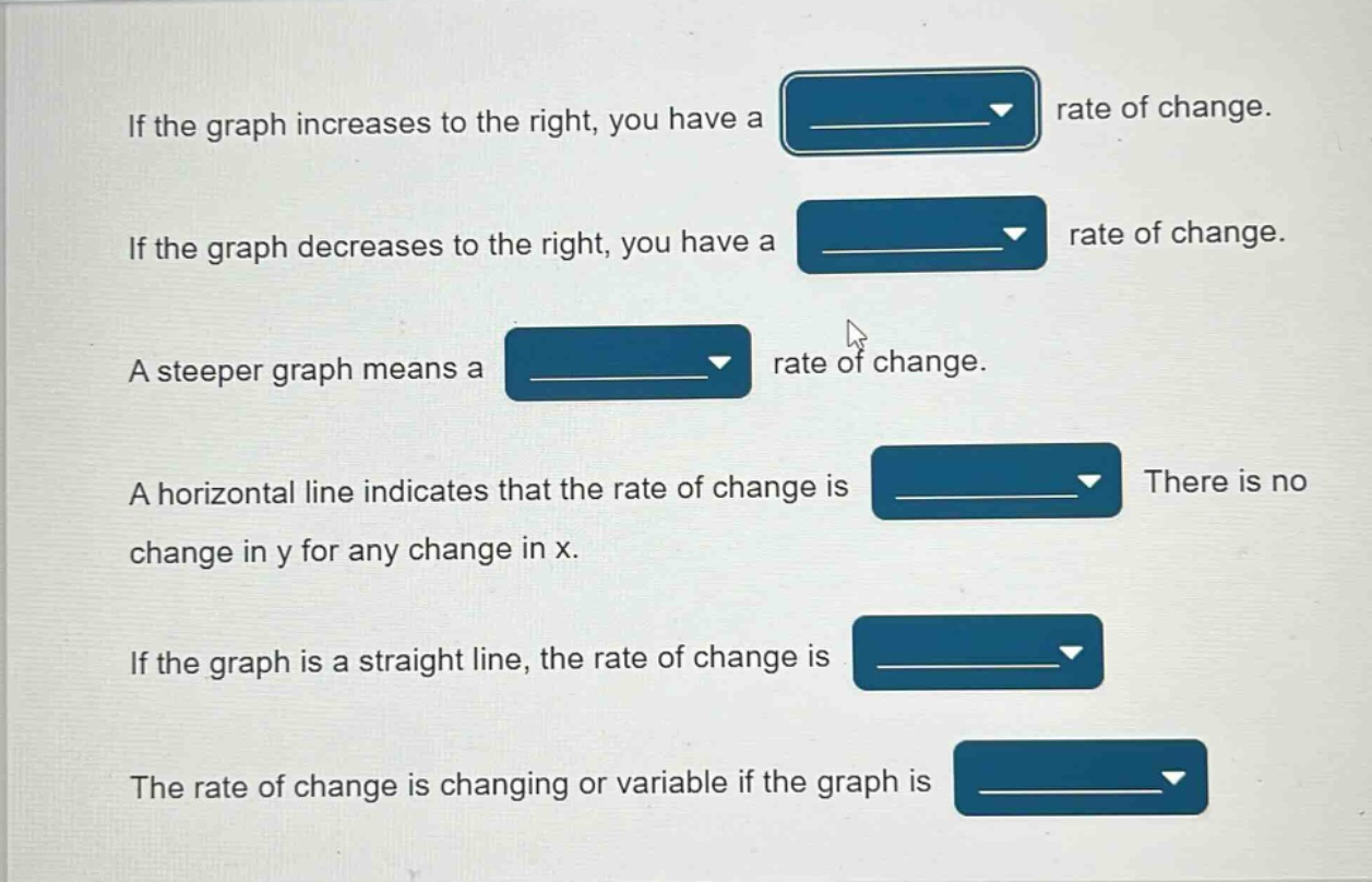 if the graph increases to the right, you have a rate of change.\nif the graph decreases to the right, you have a rate of change.\na steeper graph means a rate of change.\na horizontal line indicates that the rate of change is there is no change in y for any change in x.\nif the graph is a straight line, the rate of change is \nthe rate of change is changing or variable if the graph is