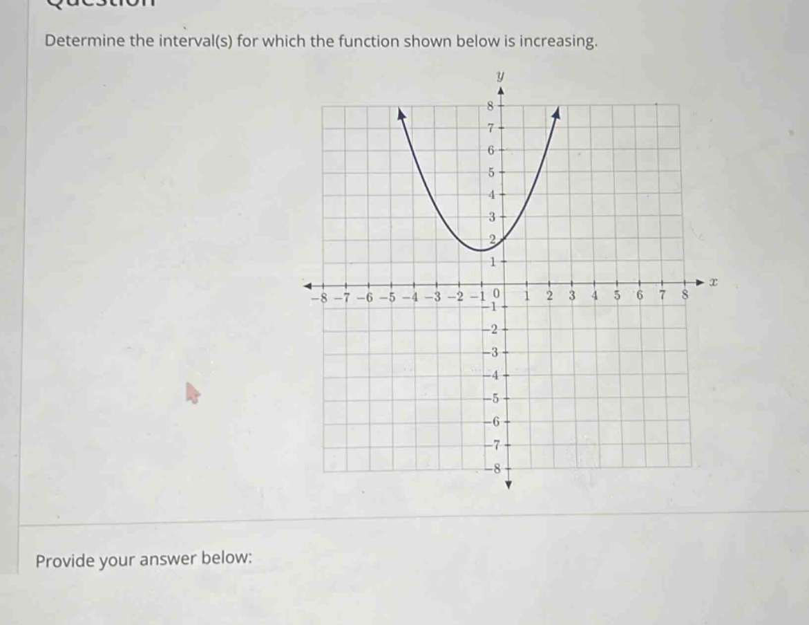 determine the interval(s) for which the function shown below is increasing. provide your answer below: