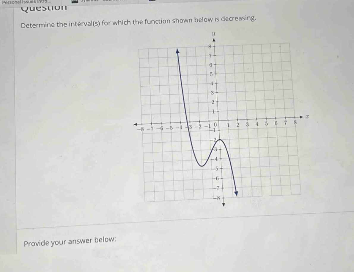 determine the interval(s) for which the function shown below is decreasing.\nprovide your answer below:
