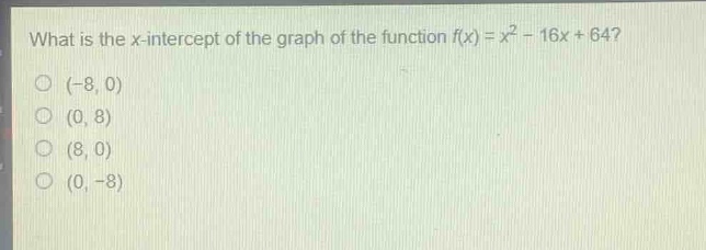 what is the x - intercept of the graph of the function (f(x)=x^{2}-16x + 64)?\n(-8, 0)\n(0, 8)\n(8, 0)\n(0, -8)