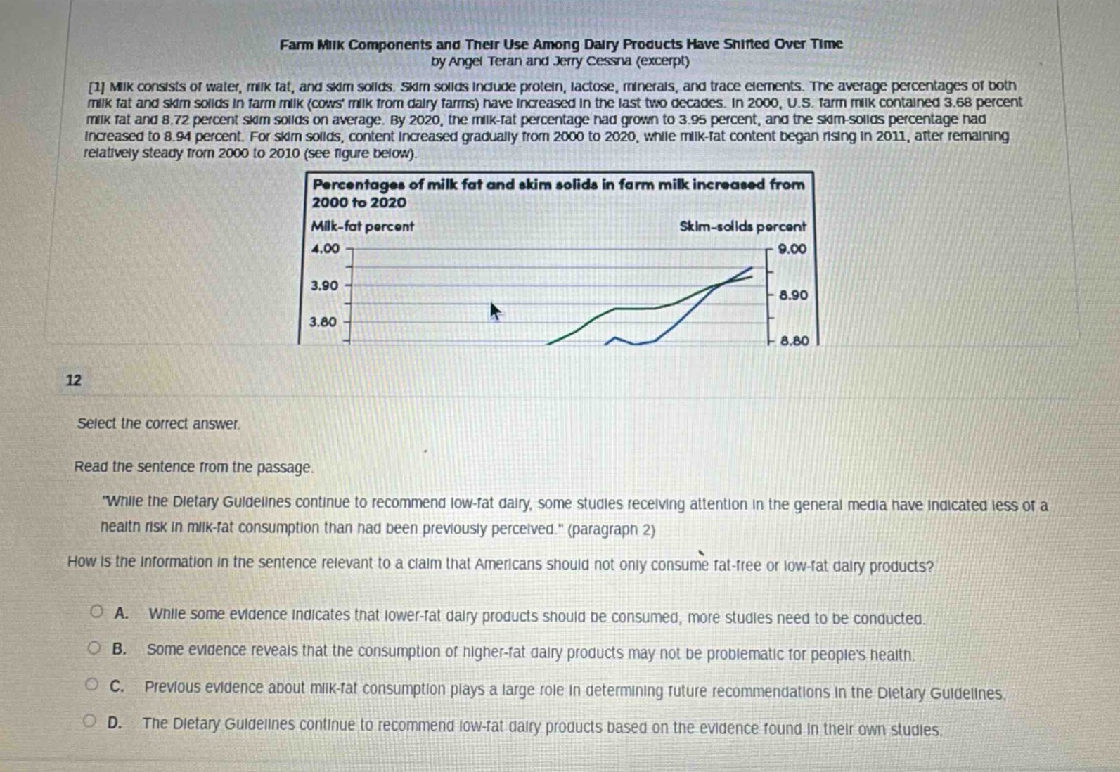 farm milk components and their use among dairy products have shifted over time by angel teran and jerry cessna (excerpt)\n1 milk consists of water, milk fat, and skim solids. skim solids include protein, lactose, minerals, and trace elements. the average percentages of both milk fat and skim solids in farm milk (cows milk from dairy farms) have increased in the last two decades. in 2000, u.s. farm milk contained 3.68 percent milk fat and 8.72 percent skim solids on average. by 2020, the milk - fat percentage had grown to 3.95 percent, and the skim - solids percentage had increased to 8.94 percent. for skim solids, content increased gradually from 2000 to 2020, while milk - fat content began rising in 2011, after remaining relatively steady from 2000 to 2010 (see figure below).\npercentages of milk fat and skim solids in farm milk increased from 2000 to 2020\nmilk - fat percent skim - solids percent\n4.00 9.00\n3.90 8.90\n3.80 8.80\n12\nselect the correct answer.\nread the sentence from the passage.\n\while the dietary guidelines continue to recommend low - fat dairy, some studies receiving attention in the general media have indicated less of a health risk in milk - fat consumption than had been previously perceived.\ (paragraph 2)\nhow is the information in the sentence relevant to a claim that americans should not only consume fat - free or low - fat dairy products?\na. while some evidence indicates that lower - fat dairy products should be consumed, more studies need to be conducted.\nb. some evidence reveals that the consumption of higher - fat dairy products may not be problematic for peoples health.\nc. previous evidence about milk - fat consumption plays a large role in determining future recommendations in the dietary guidelines.\nd. the dietary guidelines continue to recommend low - fat dairy products based on the evidence found in their own studies.