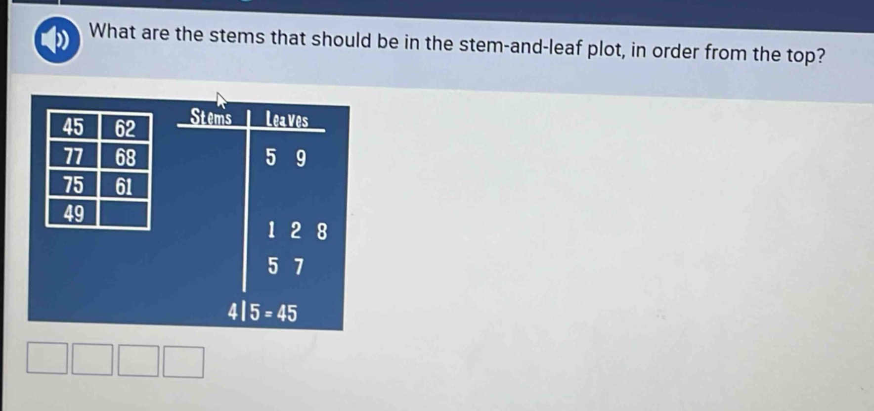 what are the stems that should be in the stem - and - leaf plot, in order from the top? 4|5 = 45