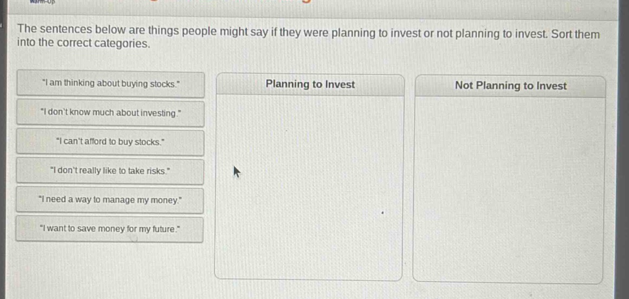 the sentences below are things people might say if they were planning to invest or not planning to invest. sort them into the correct categories. \i am thinking about buying stocks.\ \i dont know much about investing.\ \i cant afford to buy stocks.\ \i dont really like to take risks.\ \i need a way to manage my money.\ \i want to save money for my future.\ planning to invest not planning to invest