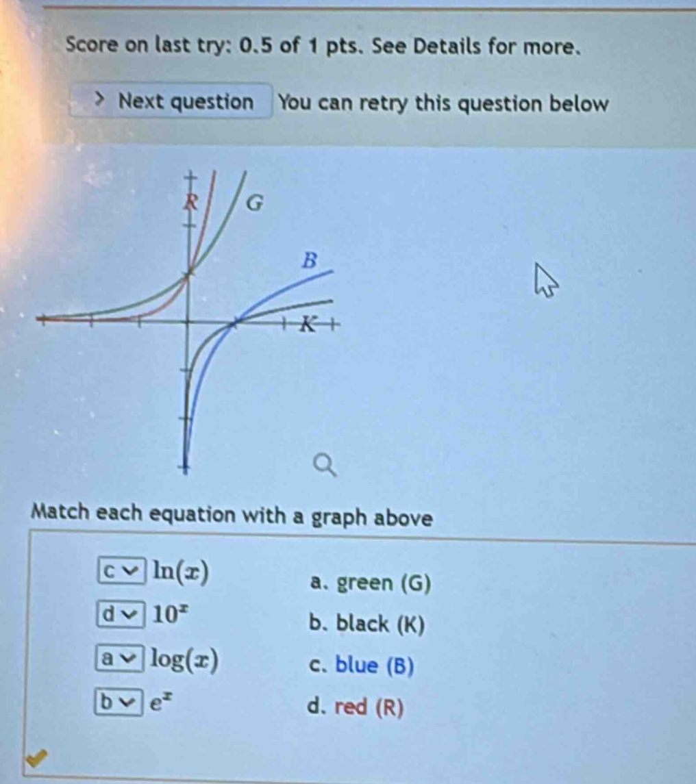 score on last try: 0.5 of 1 pts. see details for more. > next question you can retry this question below match each equation with a graph above \nln(x) a. green (g) \n10^x b. black (k) \nlog(x) c. blue (b) \ne^x d. red (r)