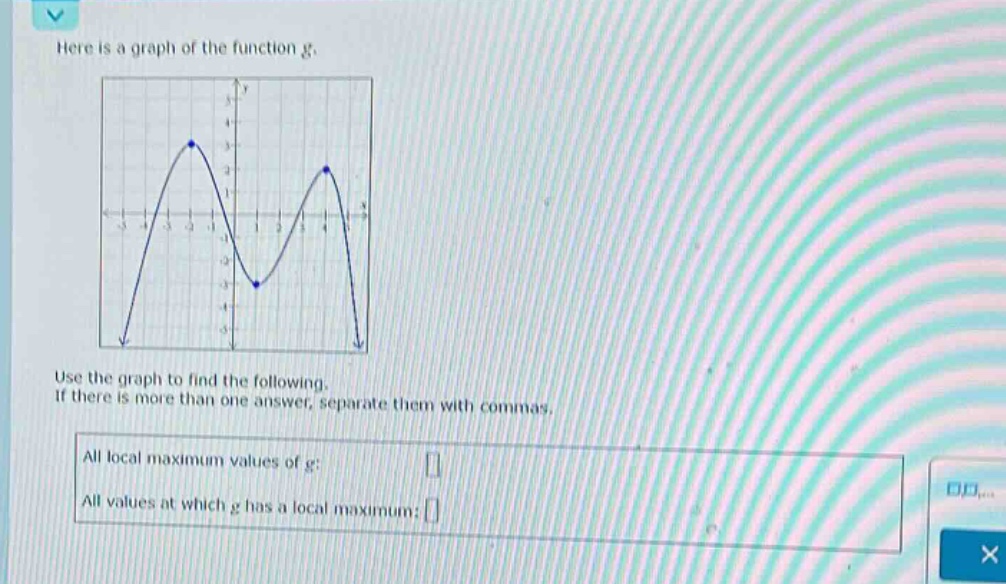 here is a graph of the function g. use the graph to find the following. if there is more than one answer, separate them with commas. all local maximum values of g: all values at which g has a local maximum: