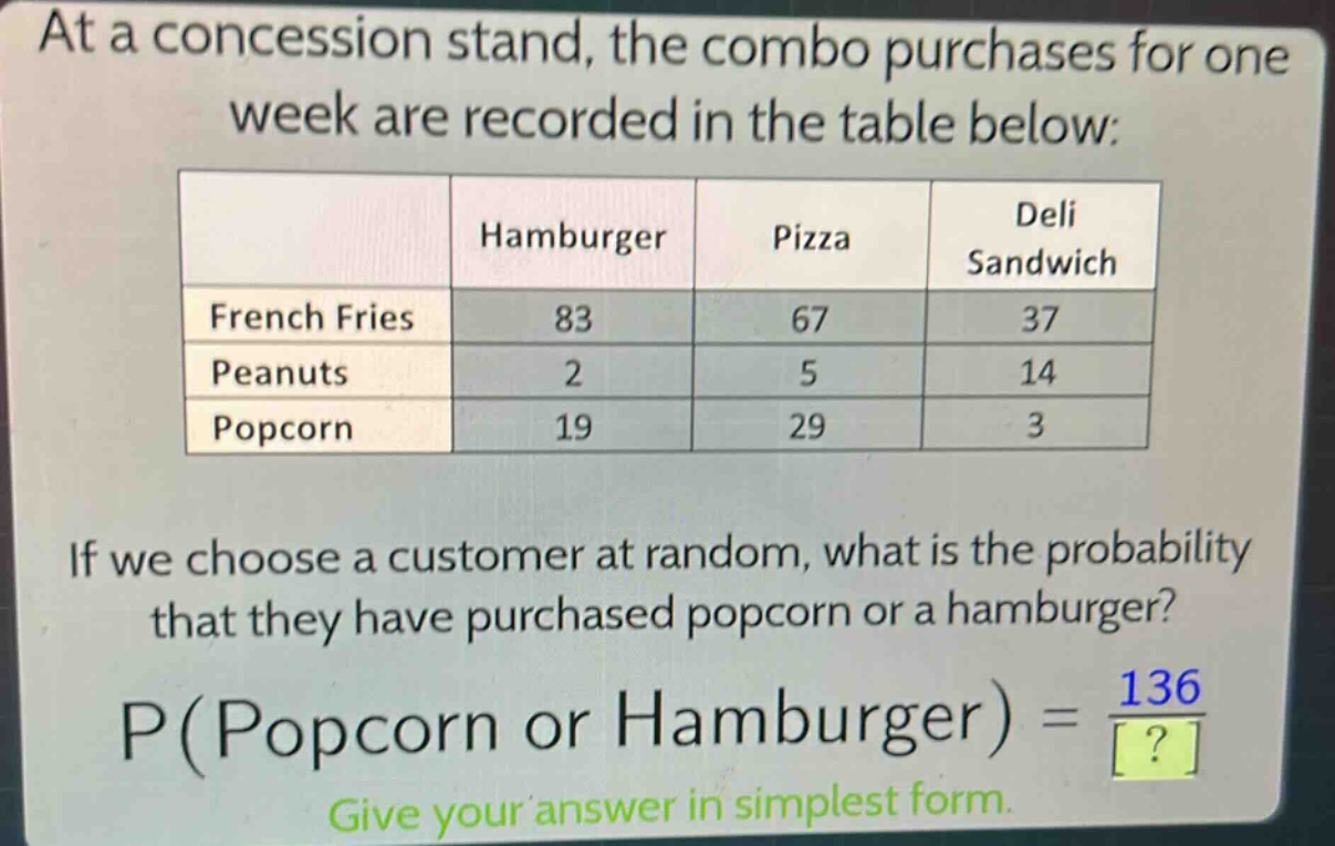 at a concession stand, the combo purchases for one week are recorded in the table below:\n| |hamburger|pizza|deli sandwich|\n|--|--|--|--|\n|french fries|83|67|37|\n|peanuts|2|5|14|\n|popcorn|19|29|3|\nif we choose a customer at random, what is the probability that they have purchased popcorn or a hamburger?\np(popcorn or hamburger) = \\frac{136}{?}\ngive your answer in simplest form.