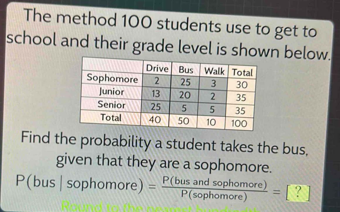 the method 100 students use to get to school and their grade level is shown below.\n| |drive|bus|walk|total|\n|--|--|--|--|--|\n|sophomore|2|25|3|30|\n|junior|13|20|2|35|\n|senior|25|5|5|35|\n|total|40|50|10|100|\nfind the probability a student takes the bus, given that they are a sophomore.\np(bus | sophomore) = \\frac{p(bus and sophomore)}{p(sophomore)} = ?\nround to the nearest hundredth