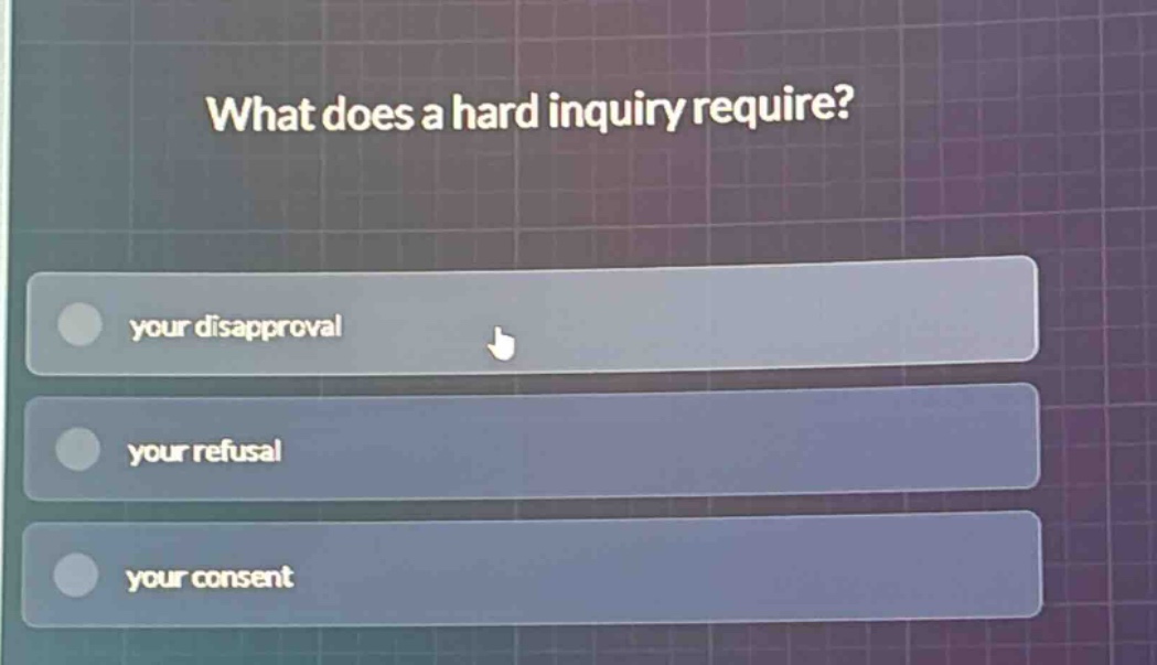 what does a hard inquiry require? your disapproval your refusal your consent