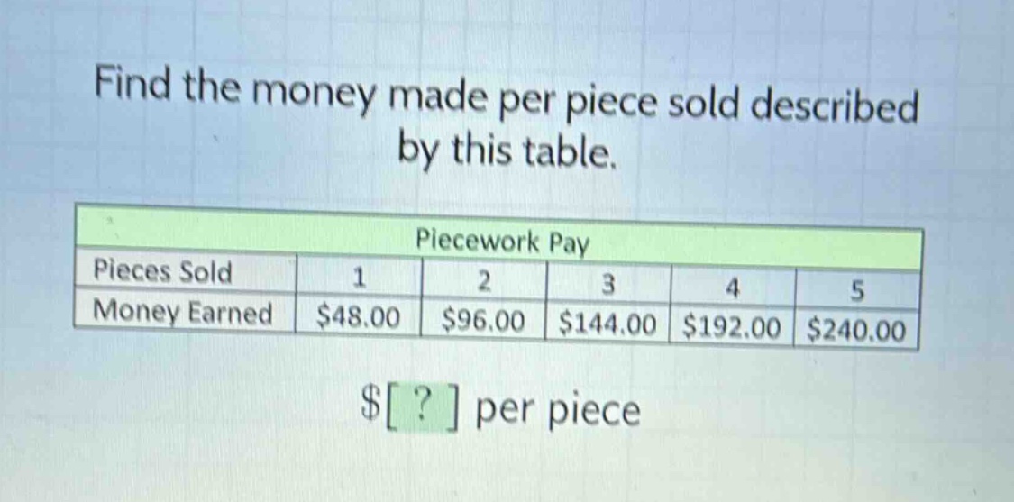 find the money made per piece sold described by this table.\npiecework pay\npieces sold 1 2 3 4 5\nmoney earned $48.00 $96.00 $144.00 $192.00 $240.00\n$? per piece
