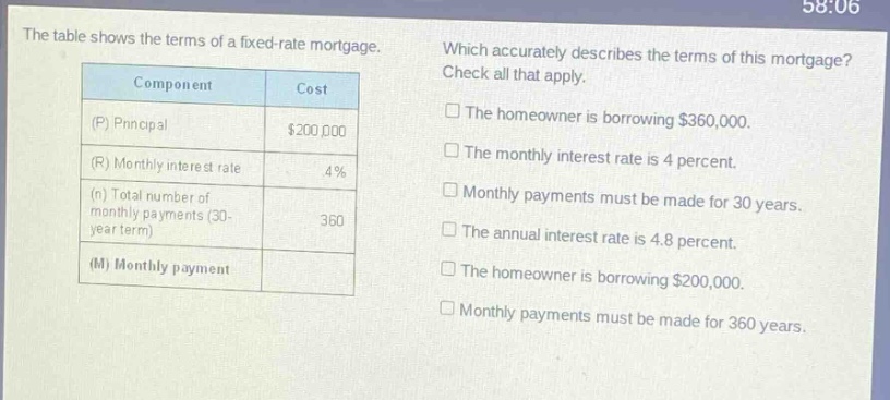 the table shows the terms of a fixed - rate mortgage. which accurately describes the terms of this mortgage? check all that apply. component cost (p) principal $200,000 (r) monthly interest rate 4% (n) total number of monthly payments (30 - year term) 360 (m) monthly payment the homeowner is borrowing $360,000. the monthly interest rate is 4 percent. monthly payments must be made for 30 years. the annual interest rate is 4.8 percent. the homeowner is borrowing $200,000. monthly payments must be made for 360 years.