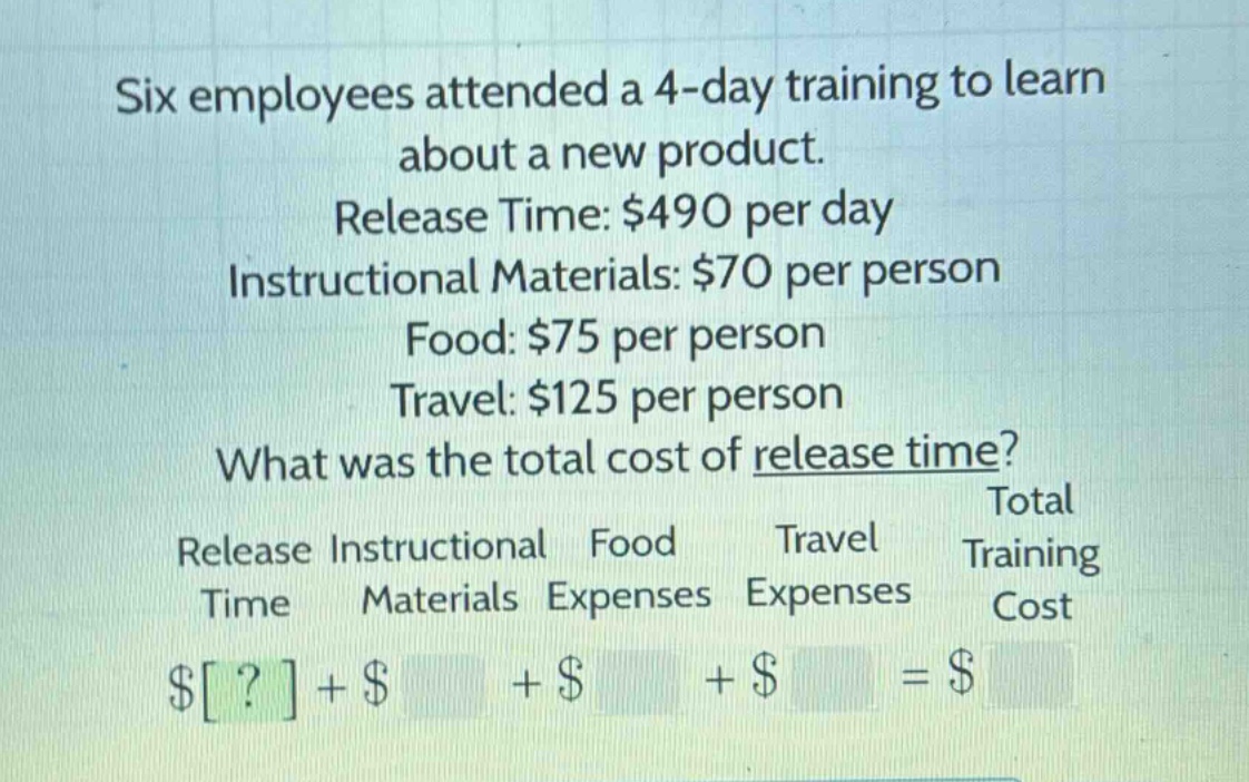 six employees attended a 4 - day training to learn about a new product. release time: $490 per day instructional materials: $70 per person food: $75 per person travel: $125 per person what was the total cost of release time? release instructional food travel total time materials expenses expenses training cost $?+$ +$ +$ =$