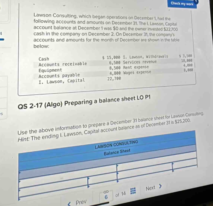 lawson consulting, which began operations on december 1, had the following accounts and amounts on december 31. the i. lawson, capital account balance at december 1 was $0 and the owner invested $22,700 cash in the company on december 2. on december 31, the companys accounts and amounts for the month of december are shown in the table below:\ncash $15,000 i. lawson, withdrawals $3,500\naccounts receivable 6,500 services revenue 18,000\nequipment 8,500 rent expense 4,000\naccounts payable 4,800 wages expense 8,000\ni. lawson, capital 22,700\nqs 2 - 17 (algo) preparing a balance sheet lo p1\nuse the above information to prepare a december 31 balance sheet for lawson consulting. hint: the ending i. lawson, capital account balance as of december 31 is $25,200.