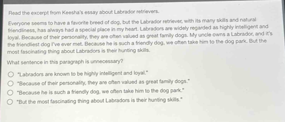 read the excerpt from keeshas essay about labrador retrievers. everyone seems to have a favorite breed of dog, but the labrador retriever, with its many skills and natural friendliness, has always had a special place in my heart. labradors are widely regarded as highly intelligent and loyal. because of their personality, they are often valued as great family dogs. my uncle owns a labrador, and its the friendliest dog ive ever met. because he is such a friendly dog, we often take him to the dog park. but the most fascinating thing about labradors is their hunting skills. what sentence in this paragraph is unnecessary? \labradors are known to be highly intelligent and loyal.\ \because of their personality, they are often valued as great family dogs.\ \because he is such a friendly dog, we often take him to the dog park.\ \but the most fascinating thing about labradors is their hunting skills.\