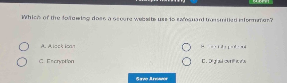 which of the following does a secure website use to safeguard transmitted information? a. a lock icon b. the http protocol c. encryption d. digital certificate