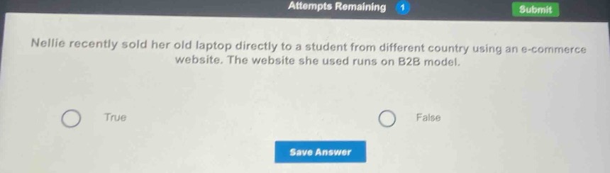nellie recently sold her old laptop directly to a student from different country using an e - commerce website. the website she used runs on b2b model.\ntrue\nfalse
