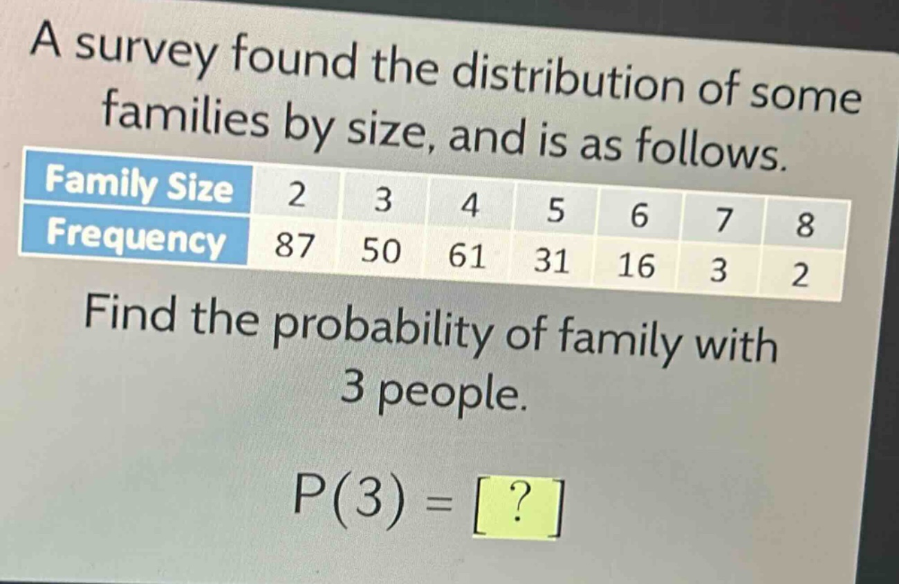 a survey found the distribution of some families by size, and is as follows.\nfamily size 2 3 4 5 6 7 8\nfrequency 87 50 61 31 16 3 2\nfind the probability of family with 3 people.\np(3) = ?