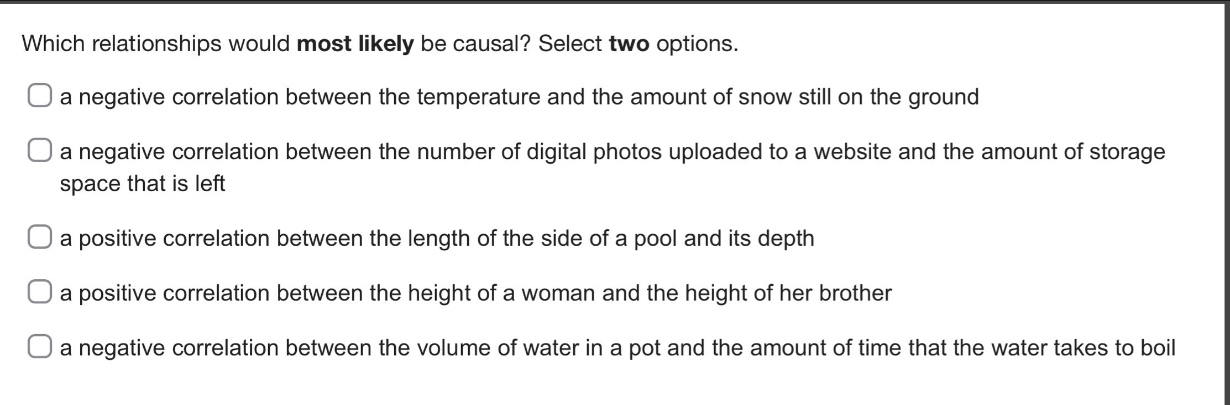 which relationships would most likely be causal? select two options.\n a negative correlation between the temperature and the amount of snow still on the ground\n a negative correlation between the number of digital photos uploaded to a website and the amount of storage space that is left\n a positive correlation between the length of the side of a pool and its depth\n a positive correlation between the height of a woman and the height of her brother\n a negative correlation between the volume of water in a pot and the amount of time that the water takes to boil