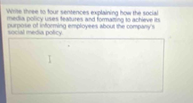 write three to four sentences explaining how the social media policy uses features and formatting to achieve its purpose of informing employees about the companys social media policy.