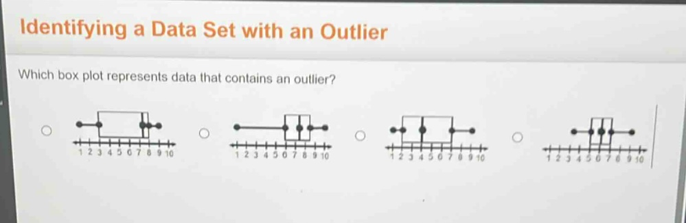 identifying a data set with an outlier\nwhich box plot represents data that contains an outlier?