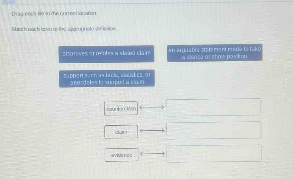 drag each tile to the correct location. match each term to the appropriate definition. disproves or refutes a stated claim an arguable statement made to take a stance or show position support such as facts, statistics, or anecdotes to support a claim counterclaim claim evidence