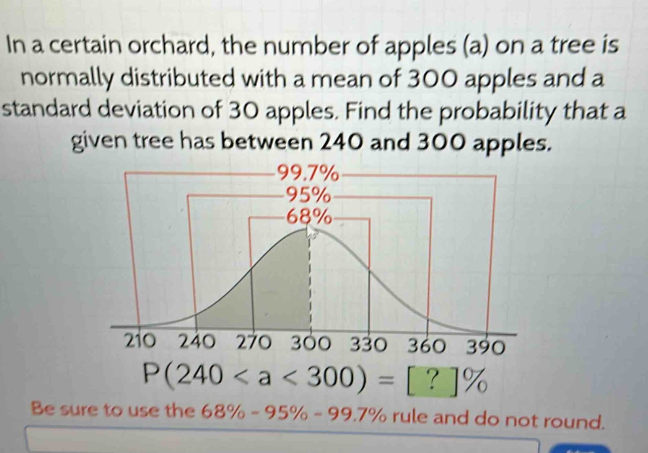 in a certain orchard, the number of apples (a) on a tree is normally distributed with a mean of 300 apples and a standard deviation of 30 apples. find the probability that a given tree has between 240 and 300 apples.\n99.7%\n95%\n68%\n210 240 270 300 330 360 390\np(240 < a < 300) = ?%\nbe sure to use the 68% - 95% - 99.7% rule and do not round.