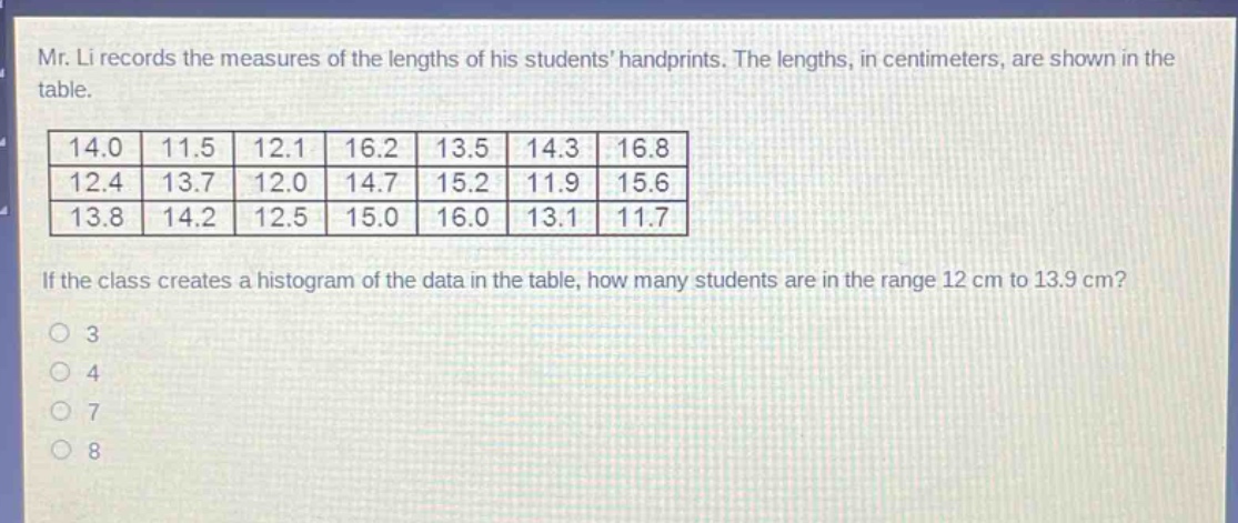 mr. li records the measures of the lengths of his students handprints. the lengths, in centimeters, are shown in the table.\n|14.0|11.5|12.1|16.2|13.5|14.3|16.8|\n|12.4|13.7|12.0|14.7|15.2|11.9|15.6|\n|13.8|14.2|12.5|15.0|16.0|13.1|11.7|\nif the class creates a histogram of the data in the table, how many students are in the range 12 cm to 13.9 cm?\n3\n4\n7\n8