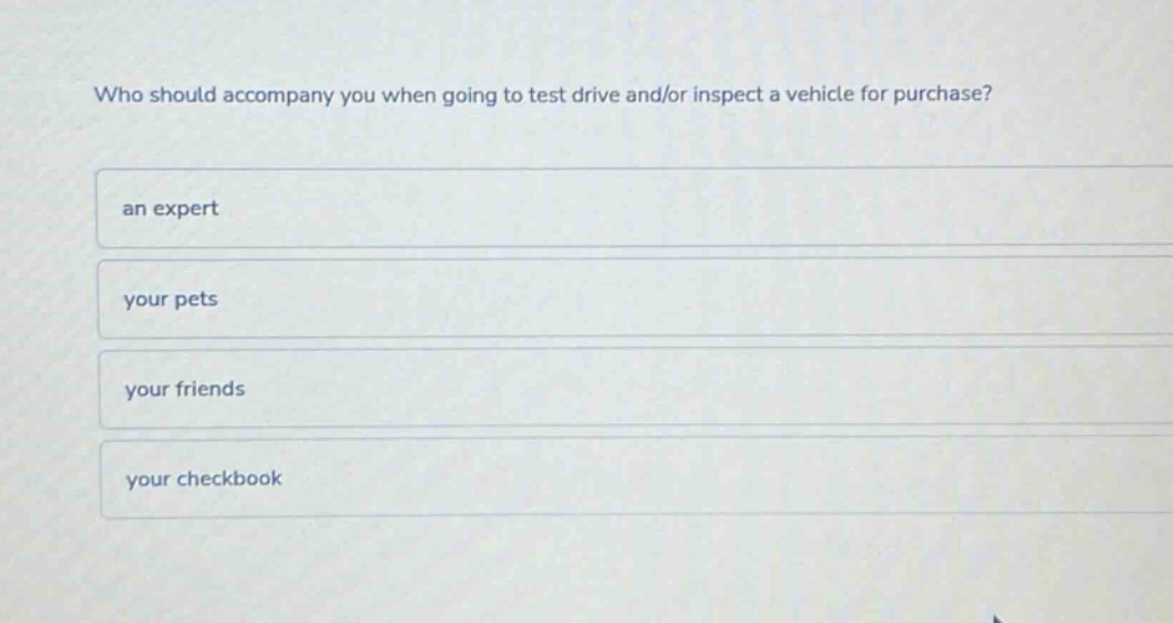 who should accompany you when going to test drive and/or inspect a vehicle for purchase?\nan expert\nyour pets\nyour friends\nyour checkbook