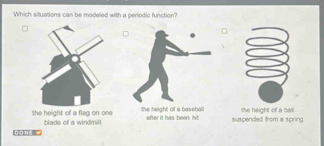 which situations can be modeled with a periodic function? the height of a flag on one blade of a windmill the height of a baseball after it has been hit the height of a ball suspended from a spring