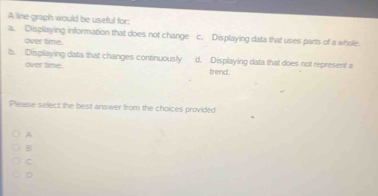 a line graph would be useful for: a. displaying information that does not change over time. b. displaying data that changes continuously over time. c. displaying data that uses parts of a whole. d. displaying data that does not represent a trend. please select the best answer from the choices provided