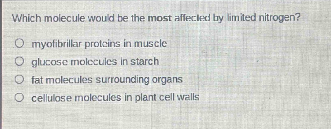 which molecule would be the most affected by limited nitrogen?\no myofibrillar proteins in muscle\no glucose molecules in starch\no fat molecules surrounding organs\no cellulose molecules in plant cell walls