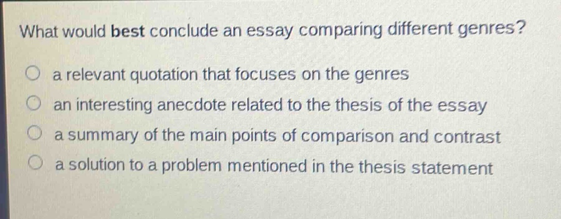 what would best conclude an essay comparing different genres?\n○ a relevant quotation that focuses on the genres\n○ an interesting anecdote related to the thesis of the essay\n○ a summary of the main points of comparison and contrast\n○ a solution to a problem mentioned in the thesis statement