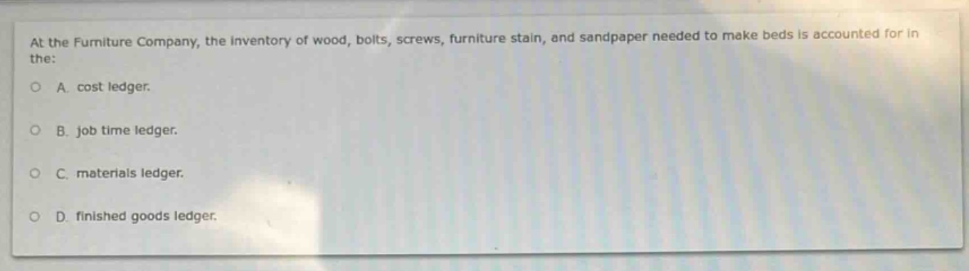 at the furniture company, the inventory of wood, bolts, screws, furniture stain, and sandpaper needed to make beds is accounted for in the:\na. cost ledger.\nb. job time ledger.\nc. materials ledger.\nd. finished goods ledger.