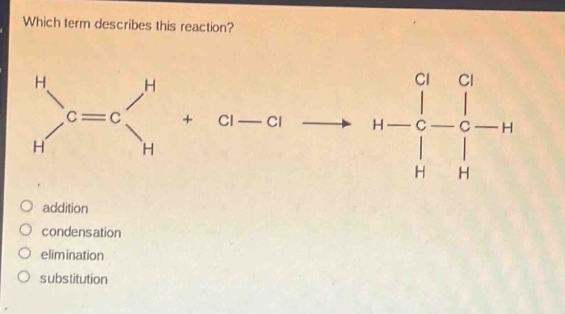 which term describes this reaction?\naddition\ncondensation\nelimination\nsubstitution
