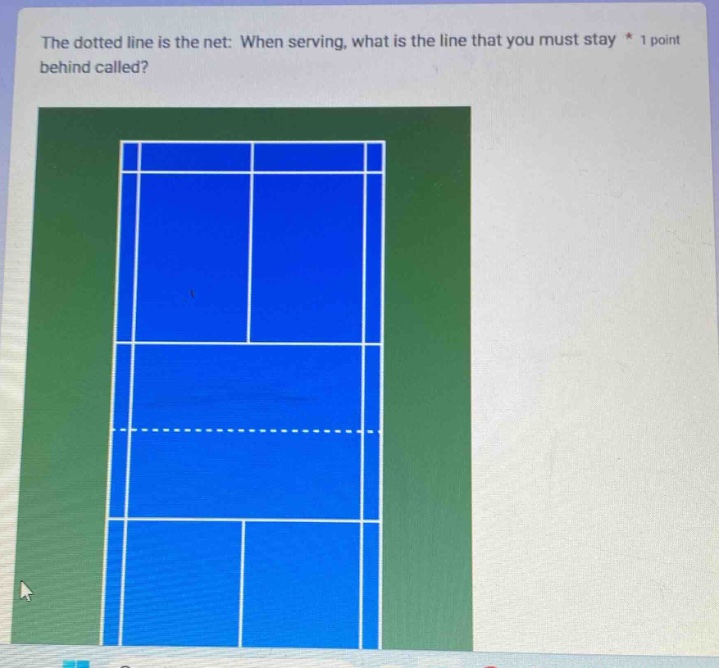 the dotted line is the net: when serving, what is the line that you must stay * 1 point behind called?