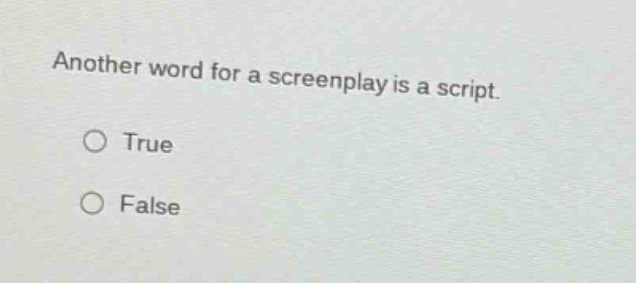 another word for a screenplay is a script.\n○ true\n○ false