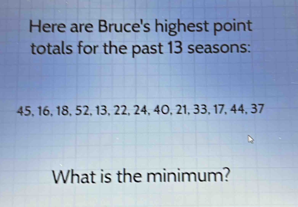 here are bruces highest point totals for the past 13 seasons: 45, 16, 18, 52, 13, 22, 24, 40, 21, 33, 17, 44, 37 what is the minimum?