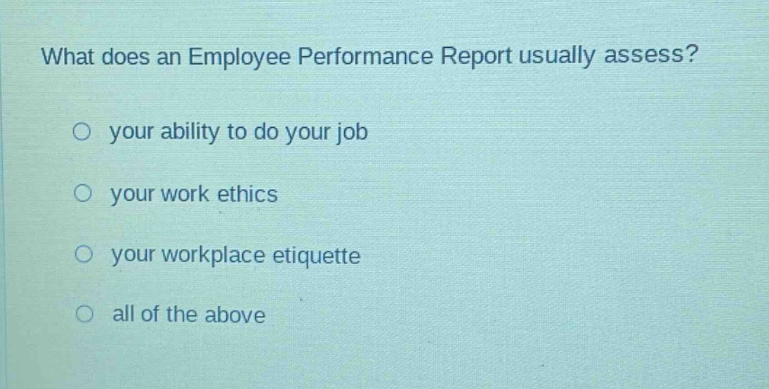 what does an employee performance report usually assess?\no your ability to do your job\no your work ethics\no your workplace etiquette\no all of the above