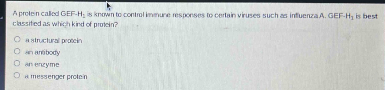 a protein called gef - h₁ is known to control immune responses to certain viruses such as influenza a. gef - h₁ is best classified as which kind of protein?\n○ a structural protein\n○ an antibody\n○ an enzyme\n○ a messenger protein