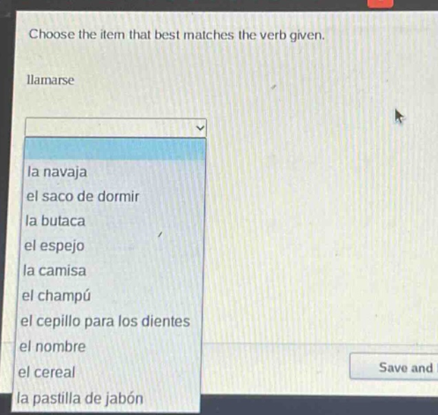 choose the item that best matches the verb given.\nllamarse\nla navaja\nel saco de dormir\nla butaca\nel espejo\nla camisa\nel champú\nel cepillo para los dientes\nel nombre\nel cereal\nla pastilla de jabón